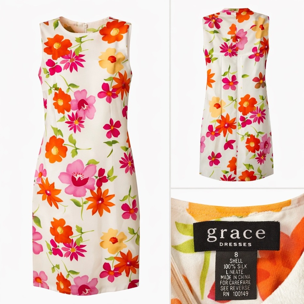 Grace Dresses 100% Silk Floral Shift Dress Sleeveless Lined Womens Sz 8 Spring